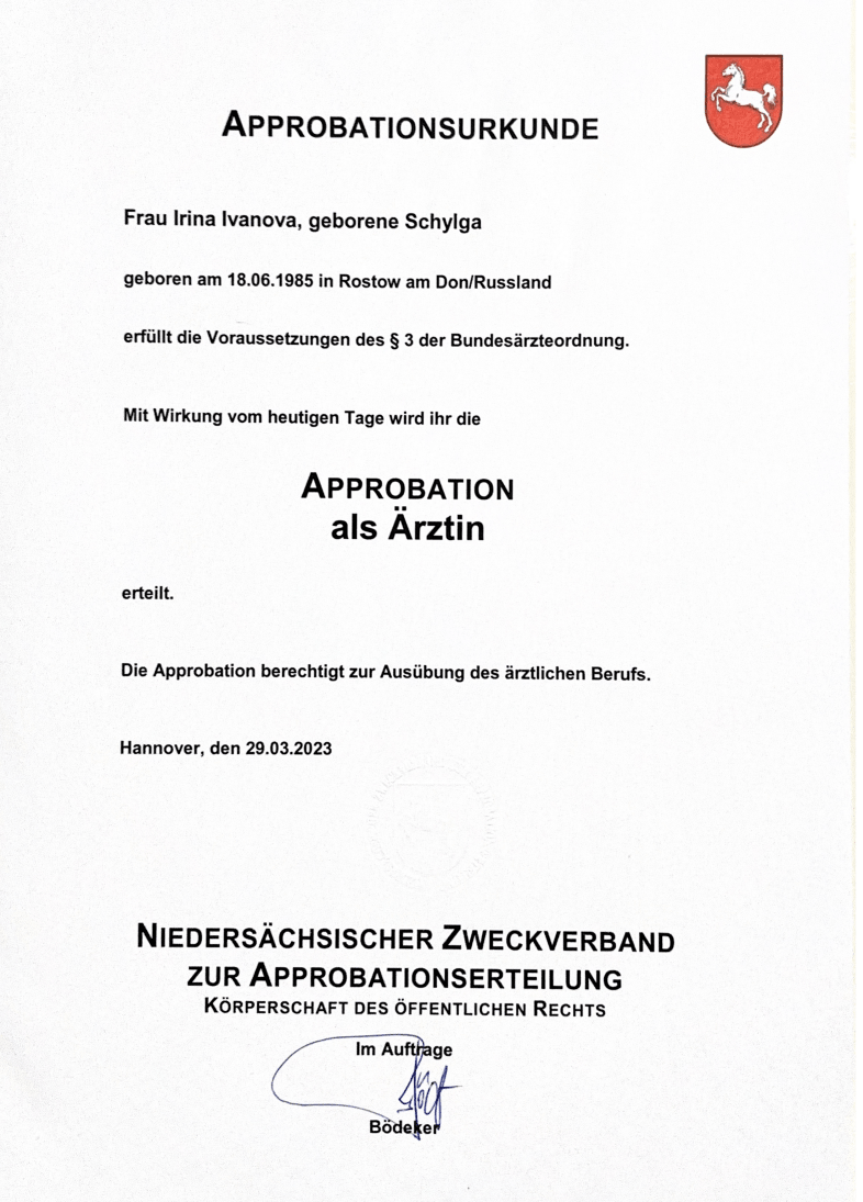 Approbation und medizinische Ausbildung von Dr. Irina Ivanova — Ärztin in Köln