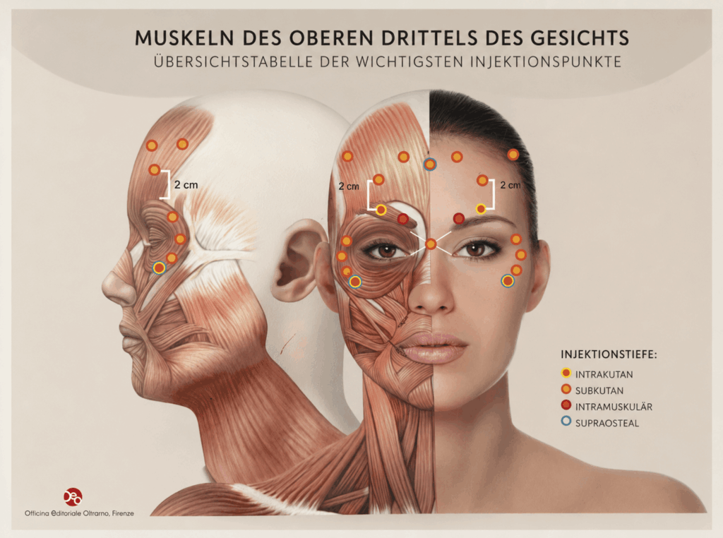 Anatomische Übersicht: Muskeln des oberen Gesichtsdrittels mit den wichtigsten Injektionspunkten